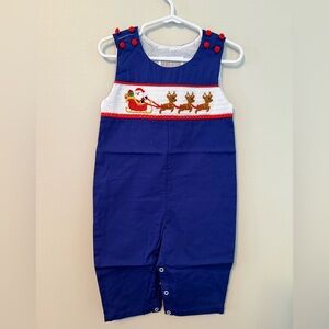 Lil Cactus Smocked Blue Santa and Reindeer Romper